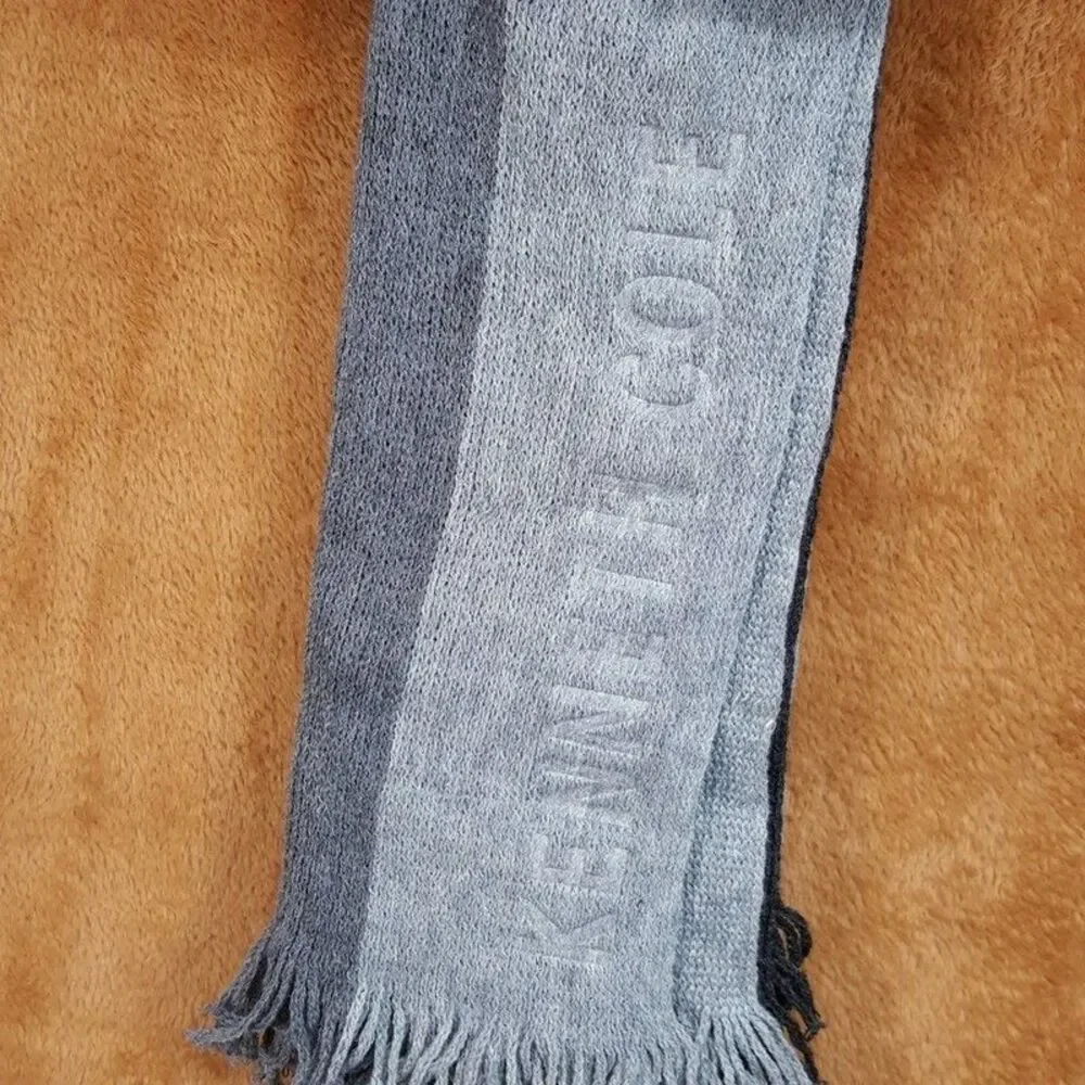 KENNETH COLE REACTION Mens Beanie Hat Scarf Grey Stripe Knit Logo Fringe Set